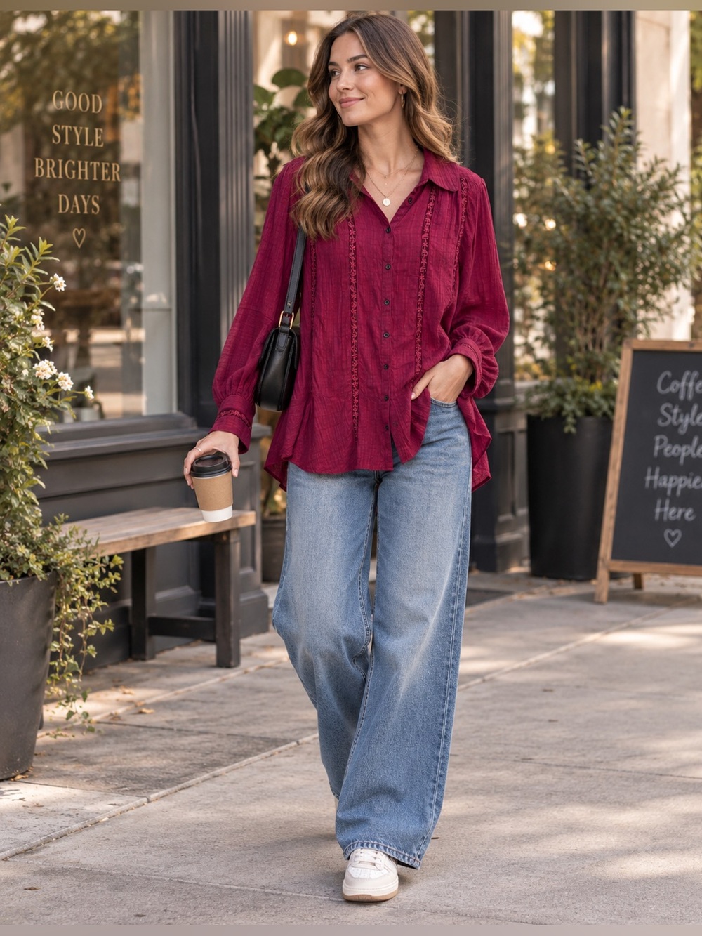 Free People Burgundy Embroidered Button Down Tunic Blouse Size M